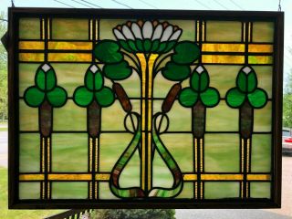 Antique Leaded Stained Glass Window 21 1/2 " X 29 1/2 " Irish Arts & Craft Green