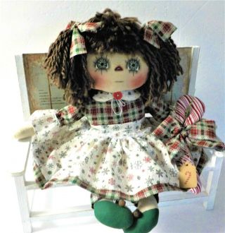 Handmade Primitive Cristmas Raggedy Ann Doll " Carolyn " With Hm Candy Cane