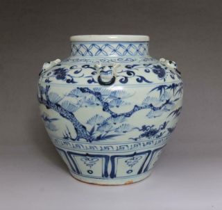 Antique Porcelain Chinese Blue And White Pot Jar - Bamboo