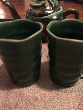 Pair Arts and Crafts Pottery Coffee Mugs Green Swirl Old RARE FABULOUS BEAUTY 12