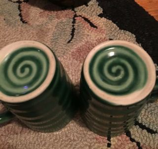Pair Arts And Crafts Pottery Coffee Mugs Green Swirl Old Rare Fabulous Beauty