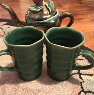 Pair Arts and Crafts Pottery Coffee Mugs Green Swirl Old RARE FABULOUS BEAUTY 2
