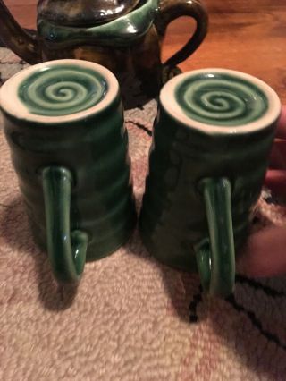 Pair Arts and Crafts Pottery Coffee Mugs Green Swirl Old RARE FABULOUS BEAUTY 4