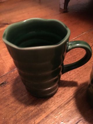 Pair Arts and Crafts Pottery Coffee Mugs Green Swirl Old RARE FABULOUS BEAUTY 7