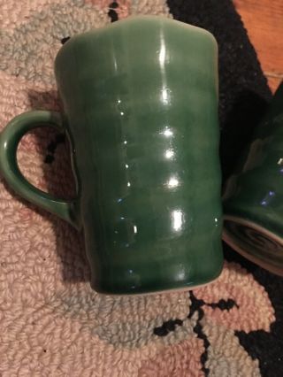Pair Arts and Crafts Pottery Coffee Mugs Green Swirl Old RARE FABULOUS BEAUTY 9