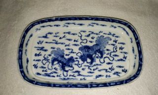 Antique Chinese Blue & White Footed Bowl Foo Dogs Finely Painted