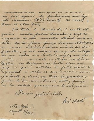 Signed Manuscript By Jose Marti Cuban Libertador 1892 Document Letter