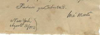 SIGNED Manuscript by JOSE MARTI Cuban Libertador 1892 Document Letter 3