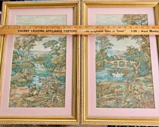 Pair 18th C Antique French Verdure Silk Tapestry Gilt Wooden Ornate Frame 20 "