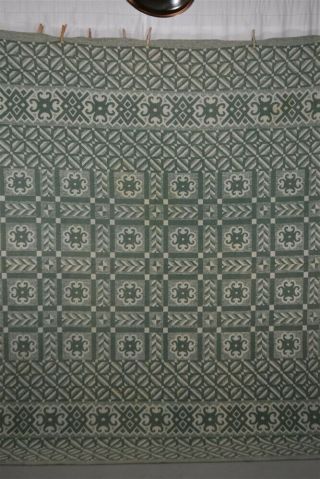 Blanket Cotton Green White Woven Design Camp Style 70x86 " Antique