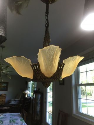 Antique Art Deco 5 Slip Shade Chandelier Frosted Amber Shades.