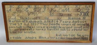 A Rare Documented Rehobeth Ma 19th C Needlework Sampler " Joanna H.  Martin 1827 "