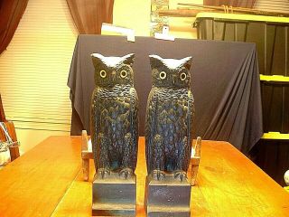 Pair Antique Bradley & Hubbard Cast Iron Owl Andirons With Glass Eyes Signed