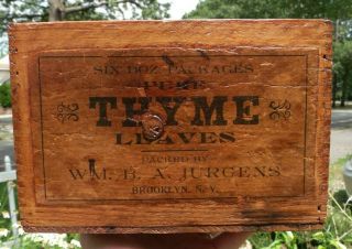 Vintage Advertising Wooden Spice Thyme Wood Box Jurgens Brooklyn Ny Old