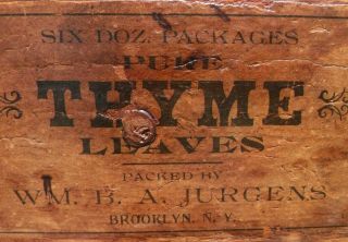 VINTAGE ADVERTISING WOODEN SPICE THYME WOOD BOX JURGENS BROOKLYN NY OLD 2