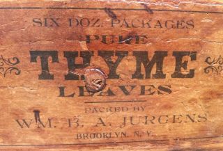 VINTAGE ADVERTISING WOODEN SPICE THYME WOOD BOX JURGENS BROOKLYN NY OLD 9
