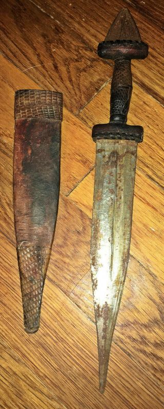 Vintage Sudan African Tebu Hand Made Steel Dagger With Snake Leather Sheath