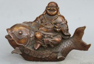 8 " China Copper Yuanbaoqian Happy Laugh Maitreya Buddha Ride Fish Statue