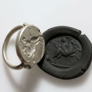 Massive Ancient Greek Or Roman Silver Seal Ring,  Horseman