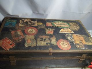 Vintage Antique Steamer Travel Trunk Suitcase,  Key,  Early 1900s With Stickers