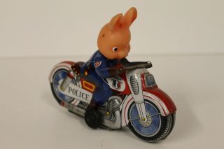 Tin Motorcycle Toy Haji Police Rabbit Animal Motorcycle made in Japan in 1960 ' s 4