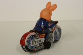 Tin Motorcycle Toy Haji Police Rabbit Animal Motorcycle made in Japan in 1960 ' s 5