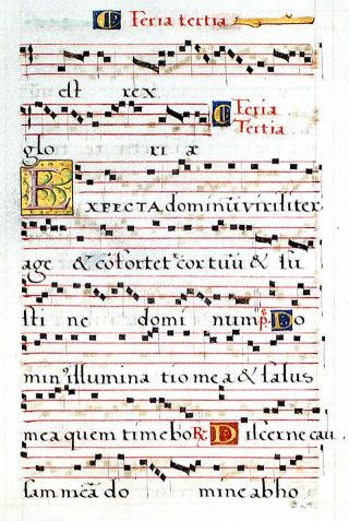 Scarce Illuminated Manuscript Processional Leaf 1550,  Music - Initials With Gold