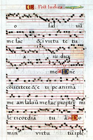 SCARCE ILLUMINATED MANUSCRIPT PROCESSIONAL LEAF 1550,  MUSIC - INITIALS WITH GOLD 2