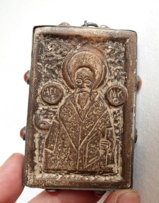 Fine ancient Byzantine steatite icon c.  1350 - in silver mount 8