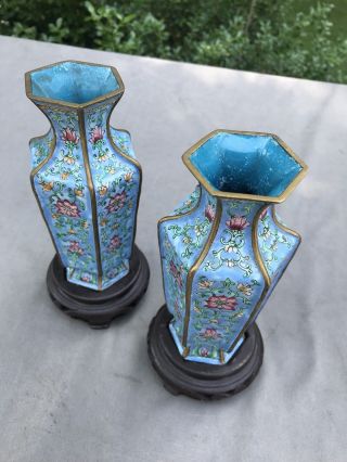 Pair Antique or Vintage Chinese Enamel Gilt Metal Hexagonal Miniature Vases 2