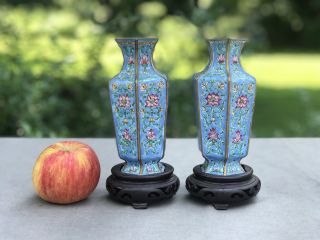 Pair Antique or Vintage Chinese Enamel Gilt Metal Hexagonal Miniature Vases 3
