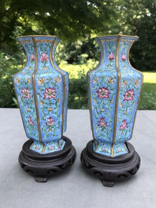 Pair Antique or Vintage Chinese Enamel Gilt Metal Hexagonal Miniature Vases 4