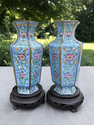Pair Antique or Vintage Chinese Enamel Gilt Metal Hexagonal Miniature Vases 5