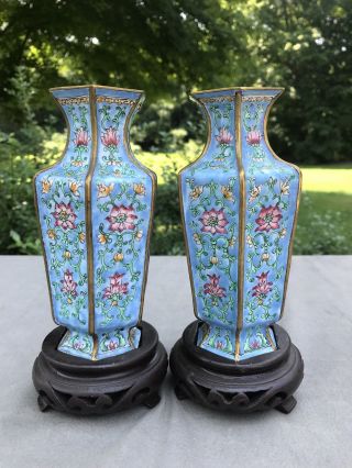 Pair Antique or Vintage Chinese Enamel Gilt Metal Hexagonal Miniature Vases 6