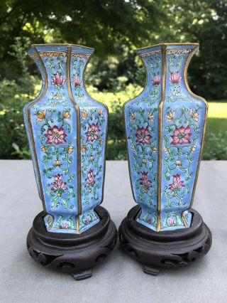 Pair Antique or Vintage Chinese Enamel Gilt Metal Hexagonal Miniature Vases 7