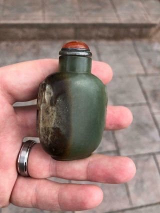 Antique Chinese Jade Snuff Bottle With Russet Carved Dragon Masks 18th C.  Qing