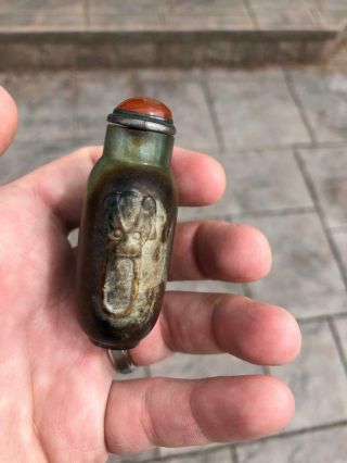 Antique Chinese Jade Snuff Bottle with Russet Carved Dragon Masks 18th C.  Qing 2