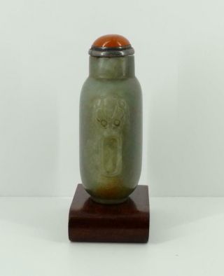 Antique Chinese Jade Snuff Bottle with Russet Carved Dragon Masks 18th C.  Qing 7