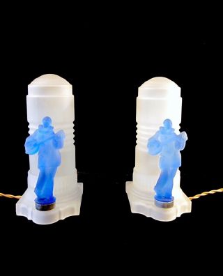 Pair Vintage Art Deco Frosted Glass Bullet Boudoir Lamps With Harlequin Figure