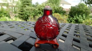 Antique Chinese Snuff Bottle Of Carved Ruby Red Glass Monkey Elephant Qing Fine