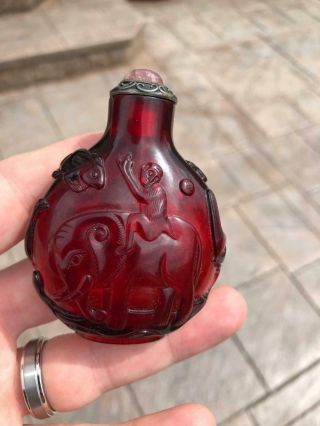 Antique Chinese Snuff Bottle of Carved Ruby Red Glass Monkey Elephant Qing Fine 2