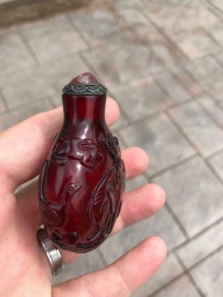Antique Chinese Snuff Bottle of Carved Ruby Red Glass Monkey Elephant Qing Fine 3