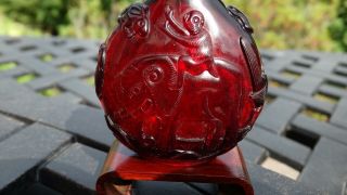 Antique Chinese Snuff Bottle of Carved Ruby Red Glass Monkey Elephant Qing Fine 4