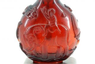 Antique Chinese Snuff Bottle of Carved Ruby Red Glass Monkey Elephant Qing Fine 5