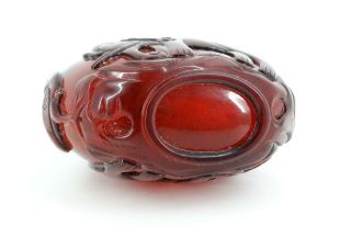 Antique Chinese Snuff Bottle of Carved Ruby Red Glass Monkey Elephant Qing Fine 8