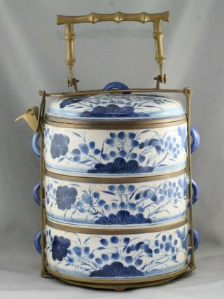 Fantastic Antique Chinese Hand Painted Porcelain Tiffin Solid Brass Mount C1900s
