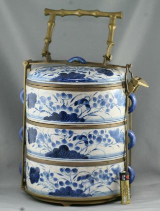 Fantastic Antique Chinese Hand Painted Porcelain Tiffin Solid Brass Mount c1900s 9
