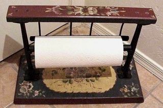 Antique Tole Painted Cast Iron & Wood Country Store Paper Cutter Towel Holder