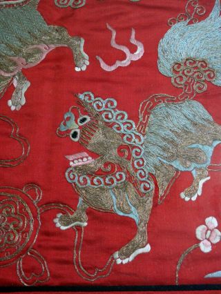 Antique Chinese Hand Embroidered Silk Gold Foo Lions Panel Framed 18 