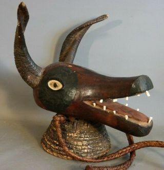 Lg Vintage African Style Jackal Dog Anthropomorphic Old Horned Mask Wall Statue